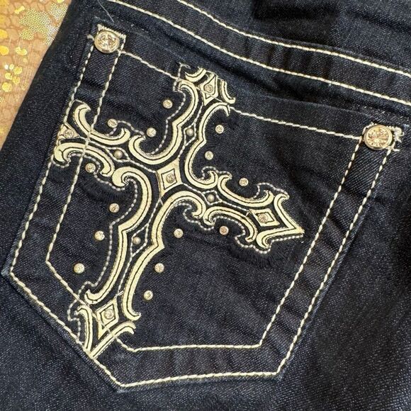 Miss Me Dark Blue Rhinestone Cross Pocket Denim Boot Cut Jeans 32 Altered - Picture 7 of 10